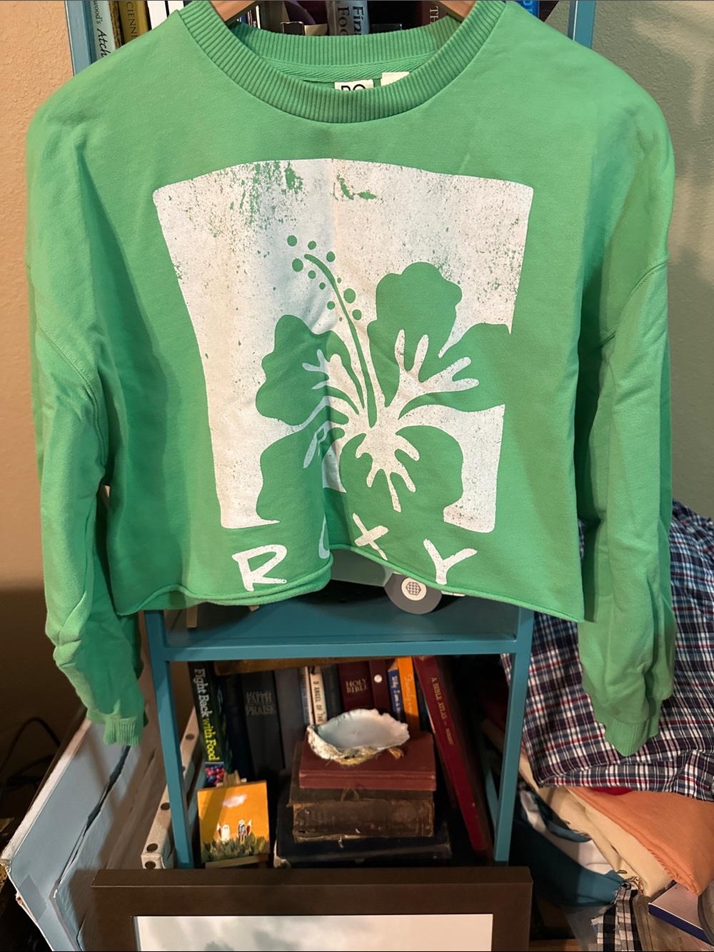 Roxy Green Crop Sweatshirt with White Floral Graphic